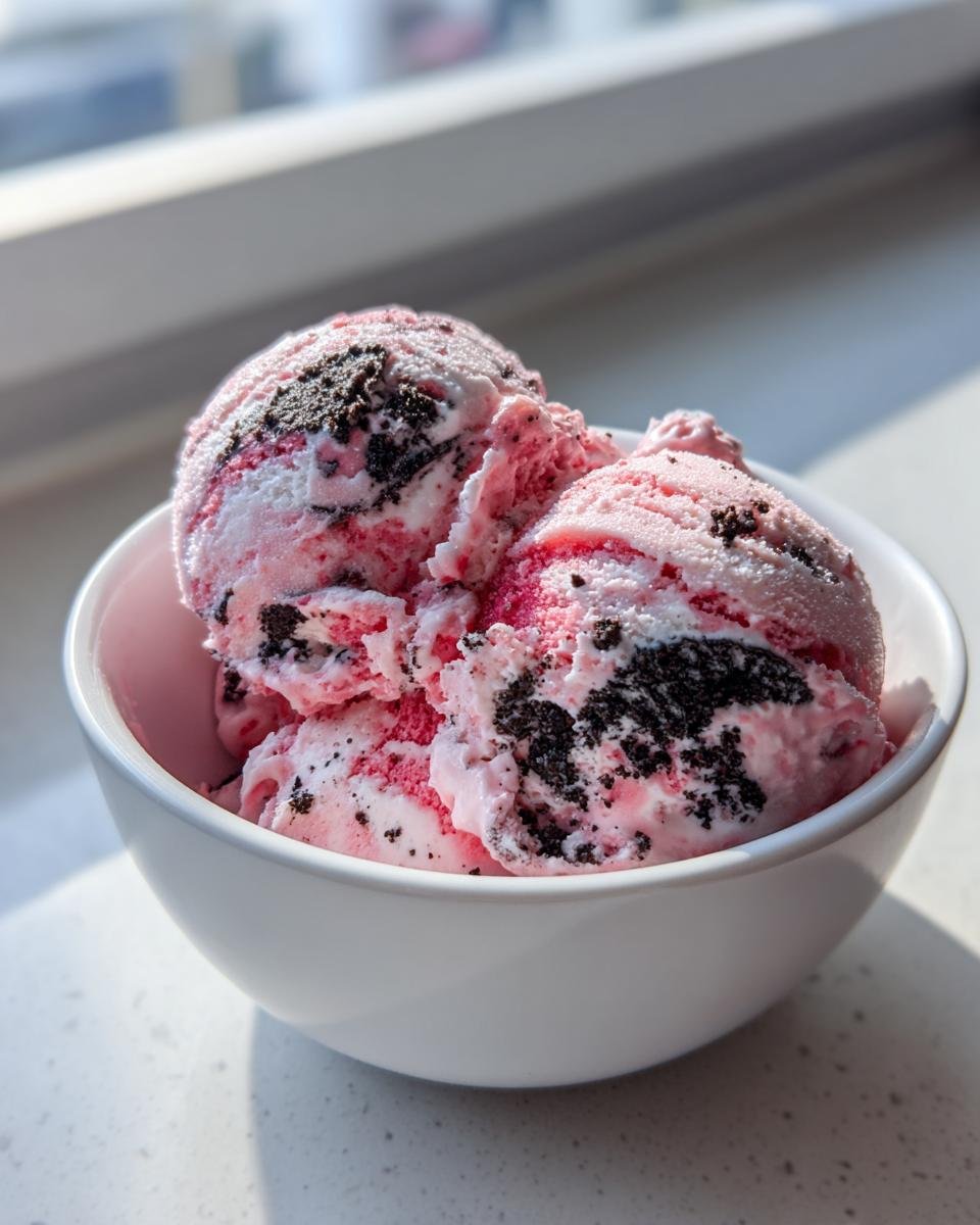 Three scoops of pink and white No Churn Strawberry Oreo Ice Cream with dark cookie pieces in a white bowl.
