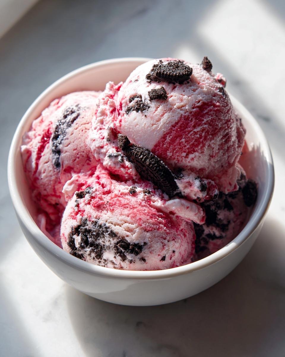 Three scoops of pink and white No Churn Strawberry Oreo Ice Cream mixed with dark chocolate cookie pieces in a white bowl.