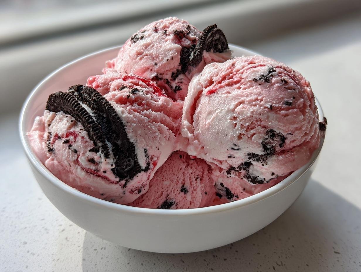Four scoops of pink No Churn Strawberry Oreo Ice Cream in a white bowl, topped with Oreo cookie pieces.