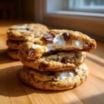 A stack of three Olive Oil Marshmallow Chocolate Chip Cookies, with the top one broken open revealing gooey melted marshmallow.