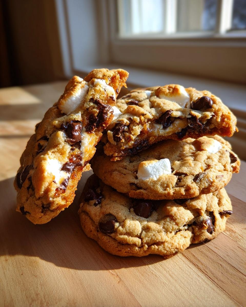 A stack of gooey Olive Oil Marshmallow Chocolate Chip Cookies, with one broken open showing melted chocolate and marshmallow.