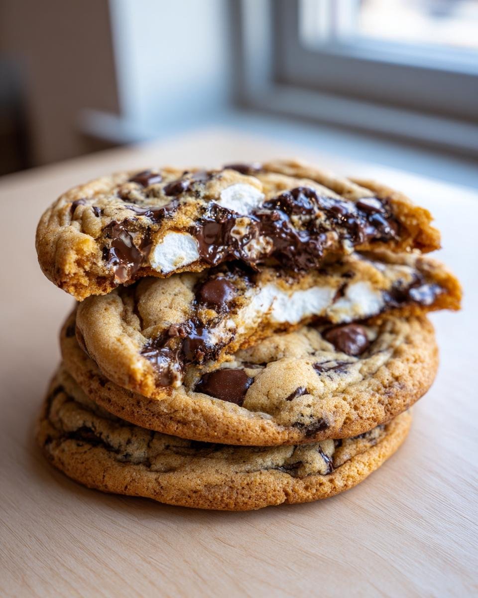 A stack of three Olive Oil Marshmallow Chocolate Chip Cookies, with the top one broken open revealing gooey melted chocolate and marshmallows.