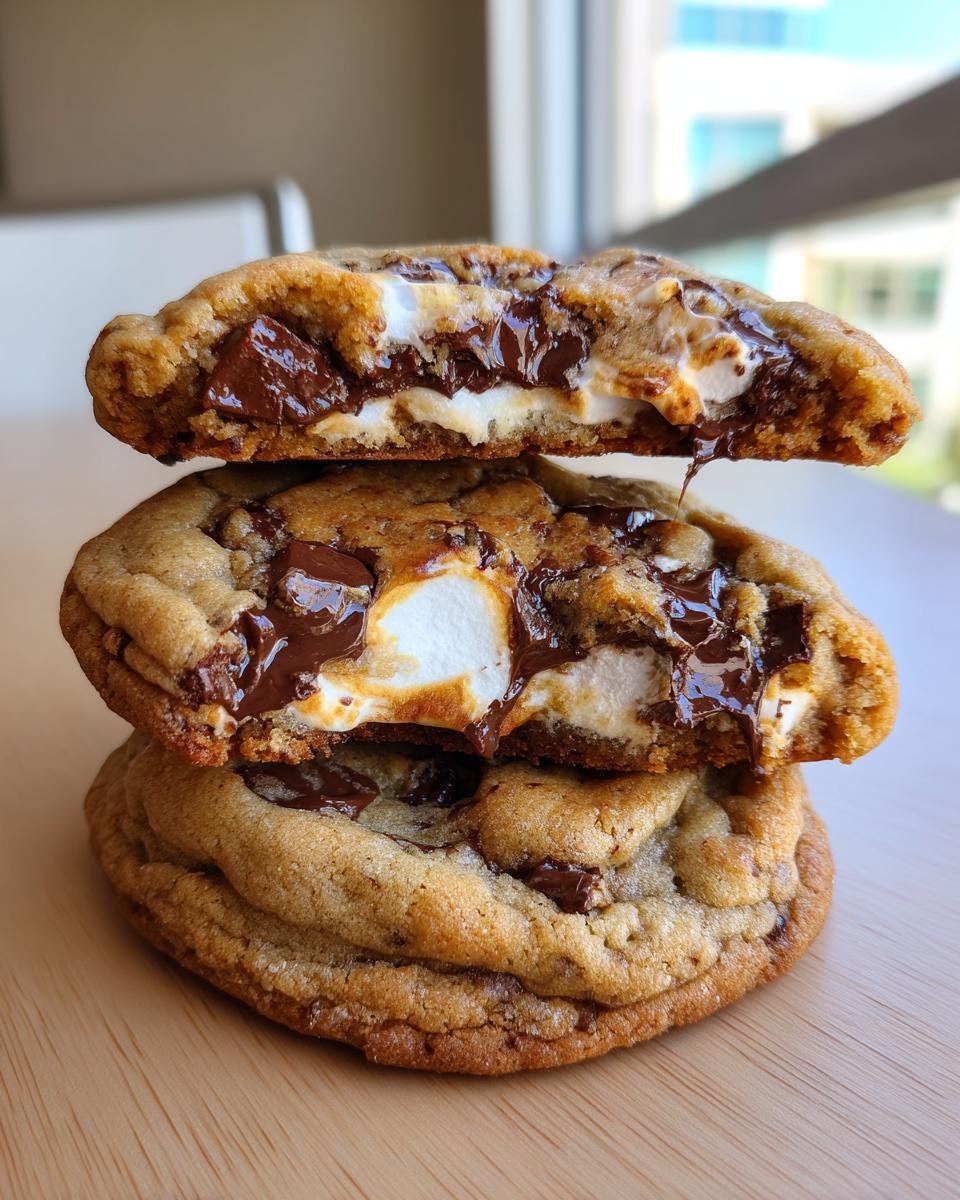 Stack of three gooey Olive Oil Marshmallow Chocolate Chip Cookies, showing melted chocolate and marshmallow filling.