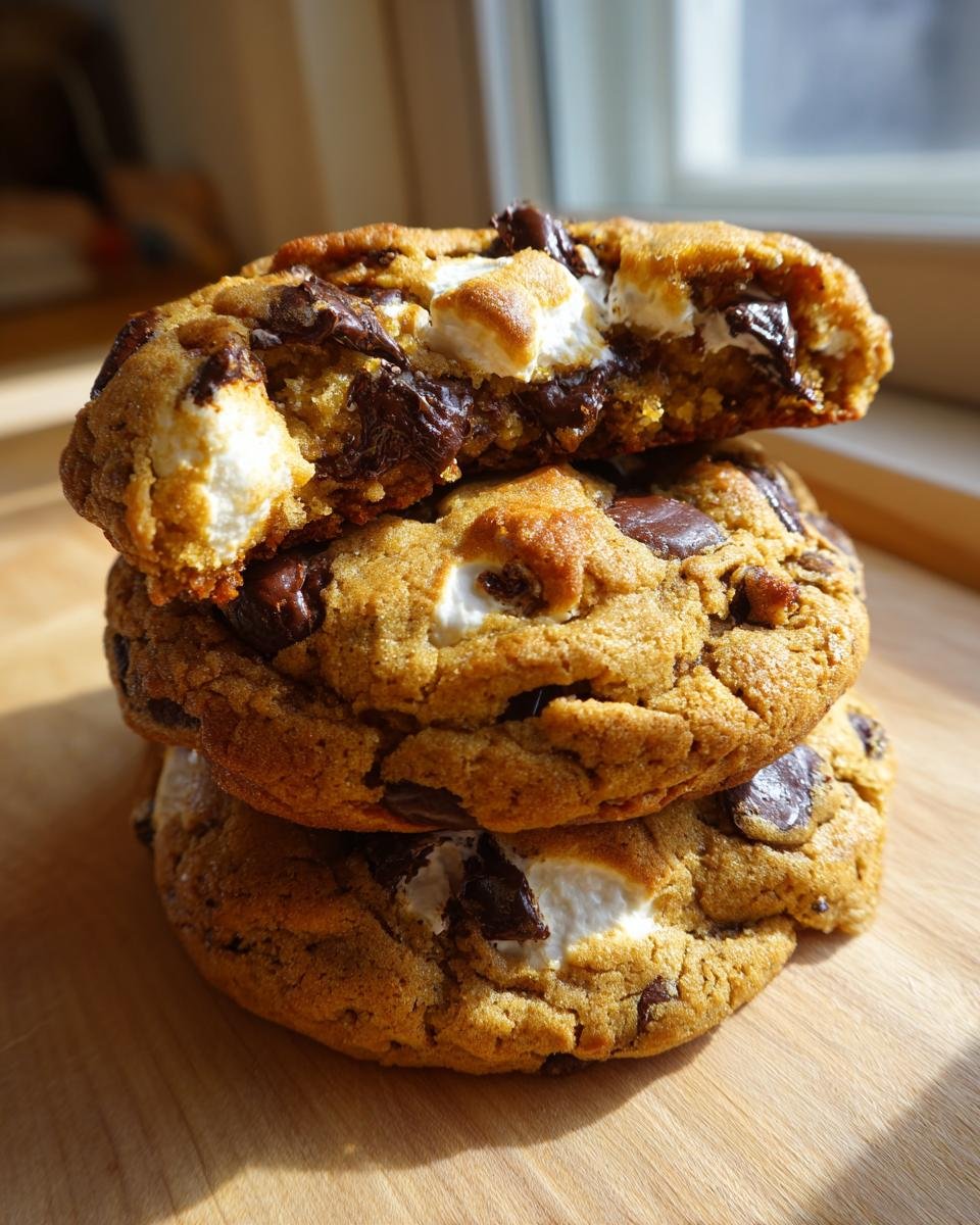 Stack of three gooey Olive Oil Marshmallow Chocolate Chip Cookies, with the top one broken open showing melted chocolate and marshmallow.