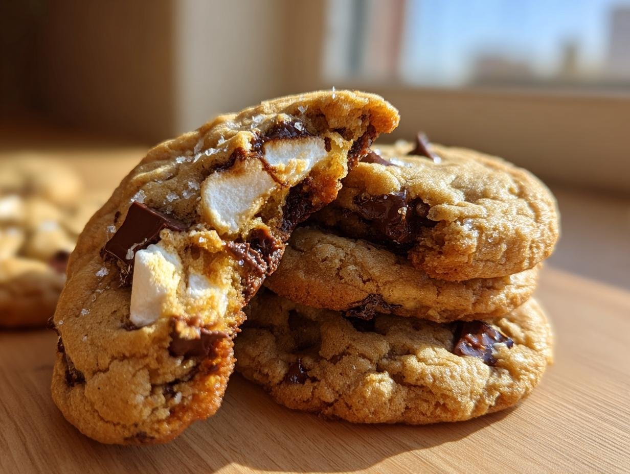 Close-up of a stack of Olive Oil Marshmallow Chocolate Chip Cookies, one broken open showing gooey marshmallow and melted chocolate.