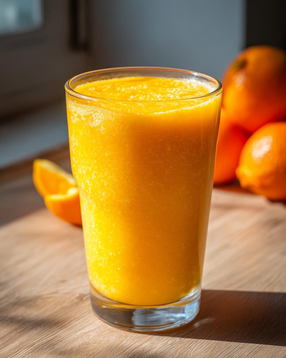 A tall glass filled with a vibrant Orange Creamsicle Smoothie, with oranges and an orange slice in the background.