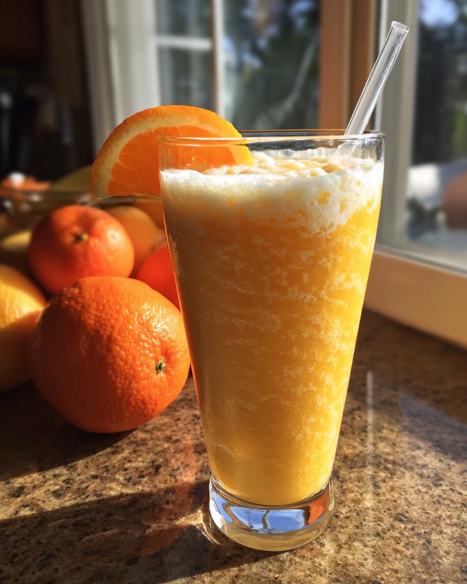 A tall glass filled with a frothy Orange Creamsicle Smoothie, garnished with an orange slice and a straw.