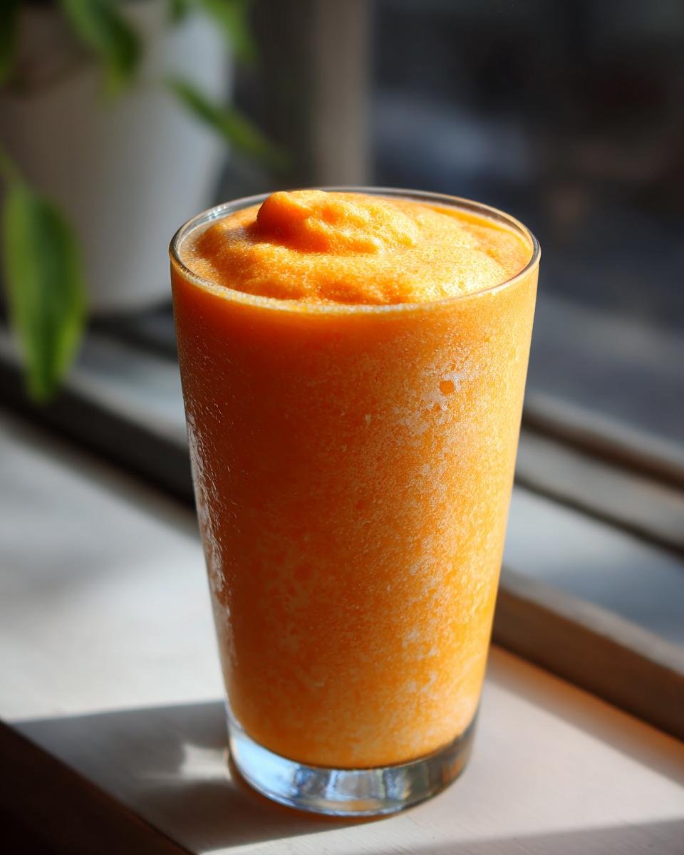 A tall glass filled with a vibrant Orange Creamsicle Smoothie, perfectly blended and frosty.