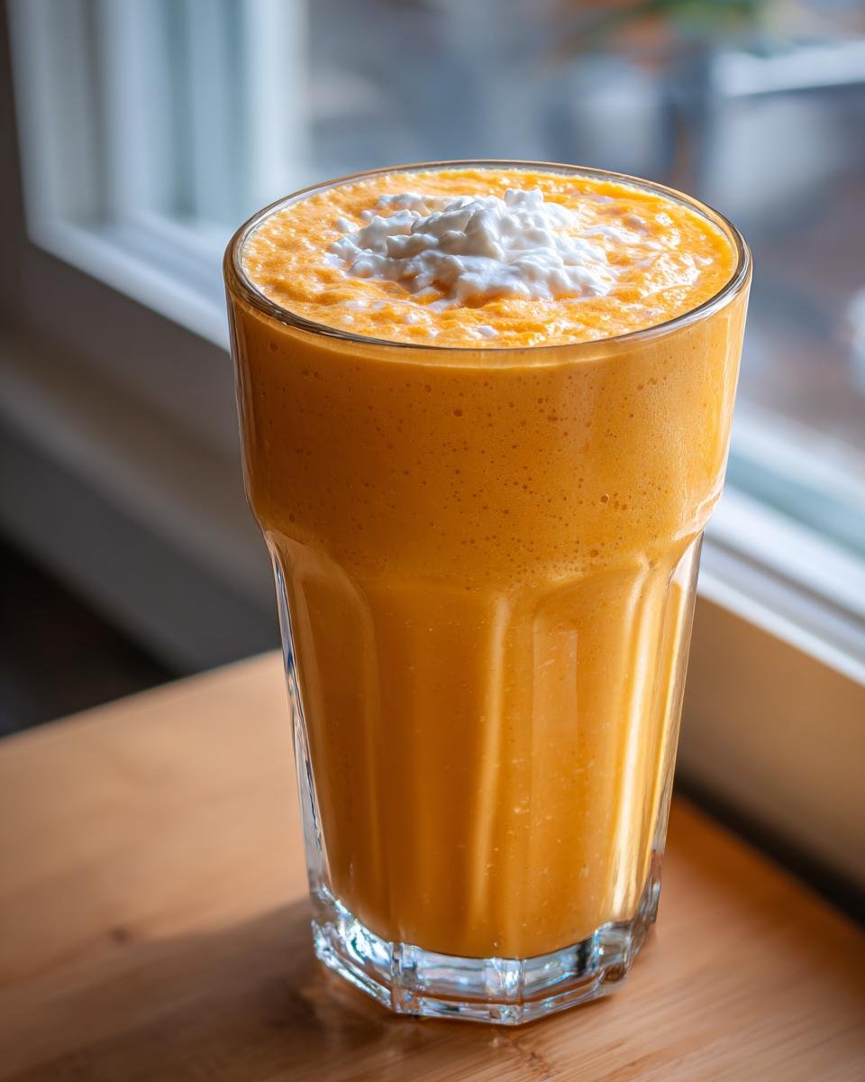 A tall glass filled with a vibrant Orange Creamsicle Smoothie, topped with fluffy whipped cream.