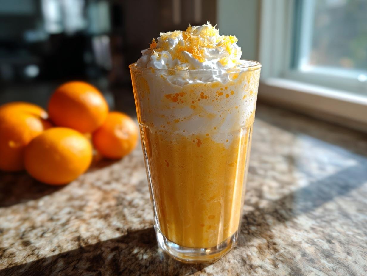 A tall glass filled with a vibrant orange smoothie, topped with whipped cream and orange zest. An Orange Creamsicle Smoothie.