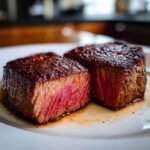Close-up of two perfectly pan seared steak cuts on a white plate, showcasing a juicy pink interior and a rich brown crust.
