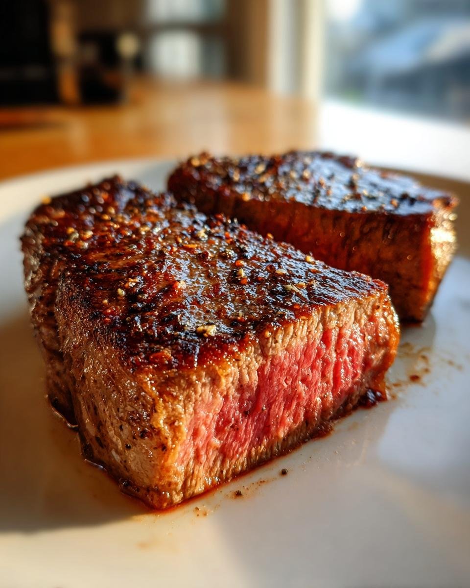 Close-up of two perfectly pan seared steak cuts, showing a juicy pink interior and a flavorful crust.