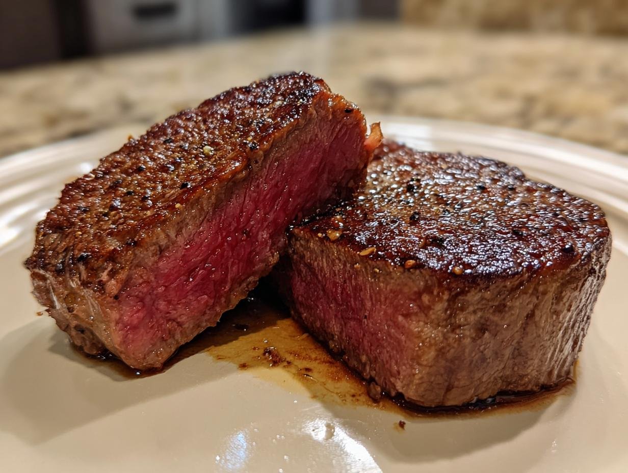 Close-up of a perfectly cooked pan seared steak, cut in half to reveal a juicy red center and a golden-brown crust.