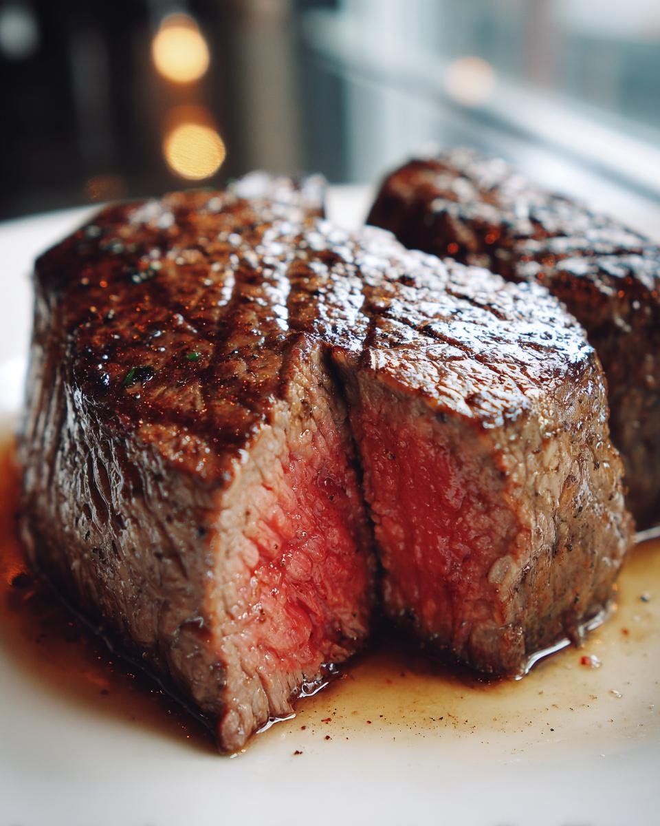 Close-up of a perfectly pan seared steak, cut to reveal a juicy medium-rare interior.