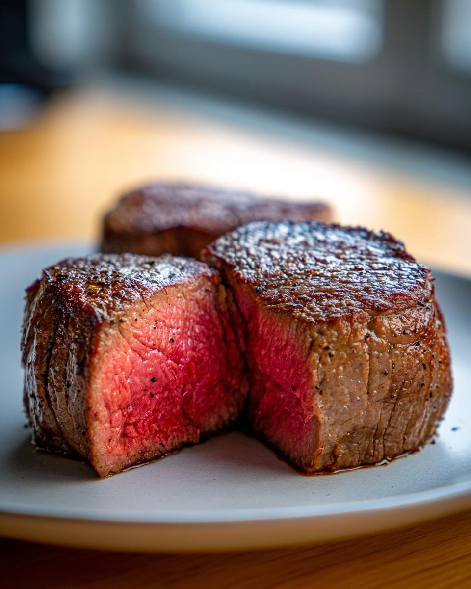 Close-up of a perfectly pan seared steak, cut in half to reveal a juicy medium-rare interior.