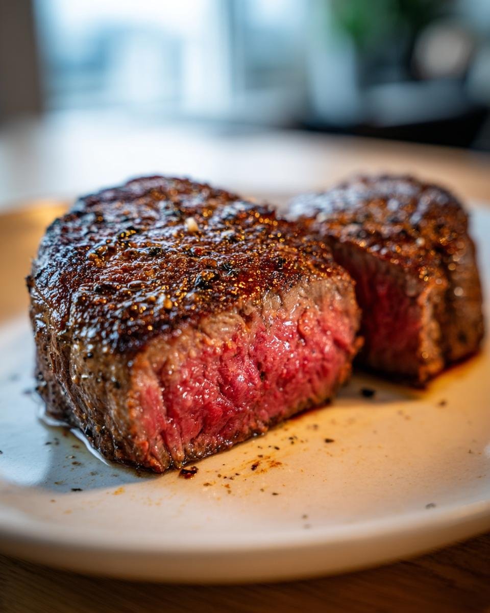 Close-up of a perfectly pan seared steak, cut to reveal a juicy, medium-rare interior and a flavorful crust.
