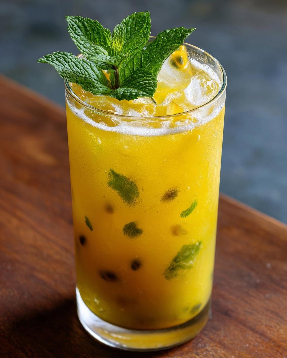 A tall glass of vibrant Passionfruit Peach Lemonade filled with ice, passionfruit seeds, mint leaves, and topped with fresh mint.