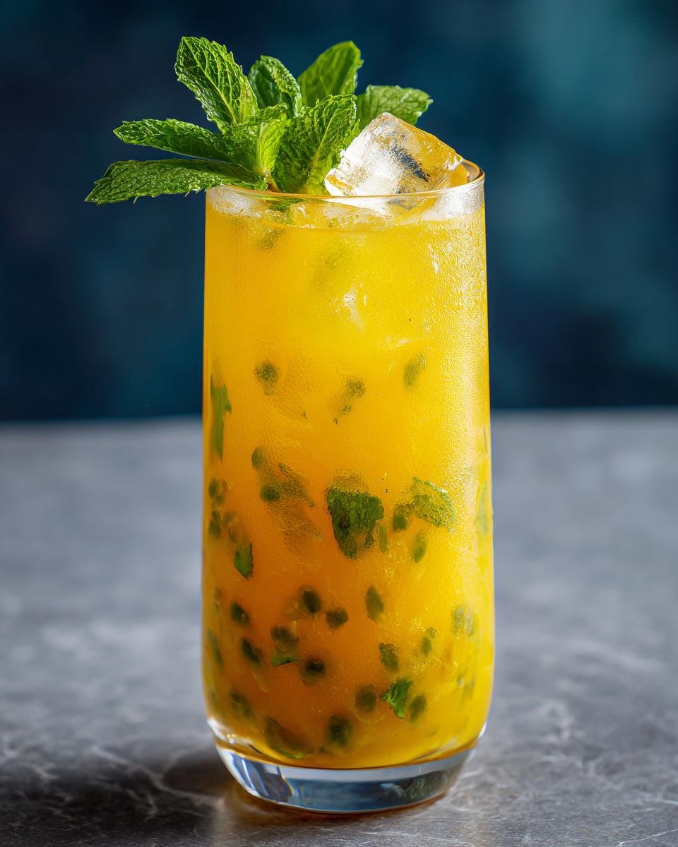A tall glass of vibrant Passionfruit Peach Lemonade with ice, mint leaves, and passionfruit seeds.
