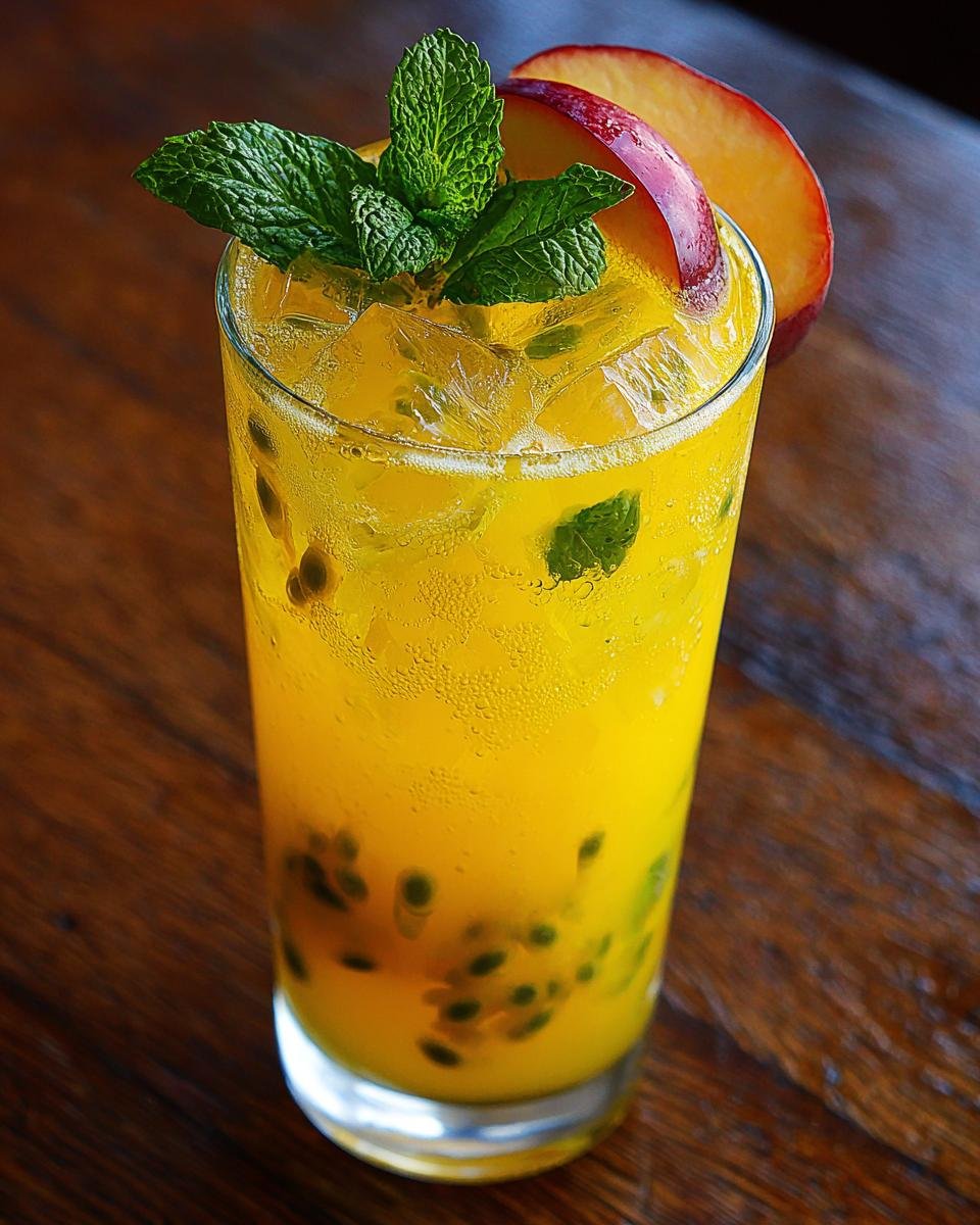 A tall glass of vibrant Passionfruit Peach Lemonade filled with ice, passionfruit seeds, mint, and a peach slice garnish.