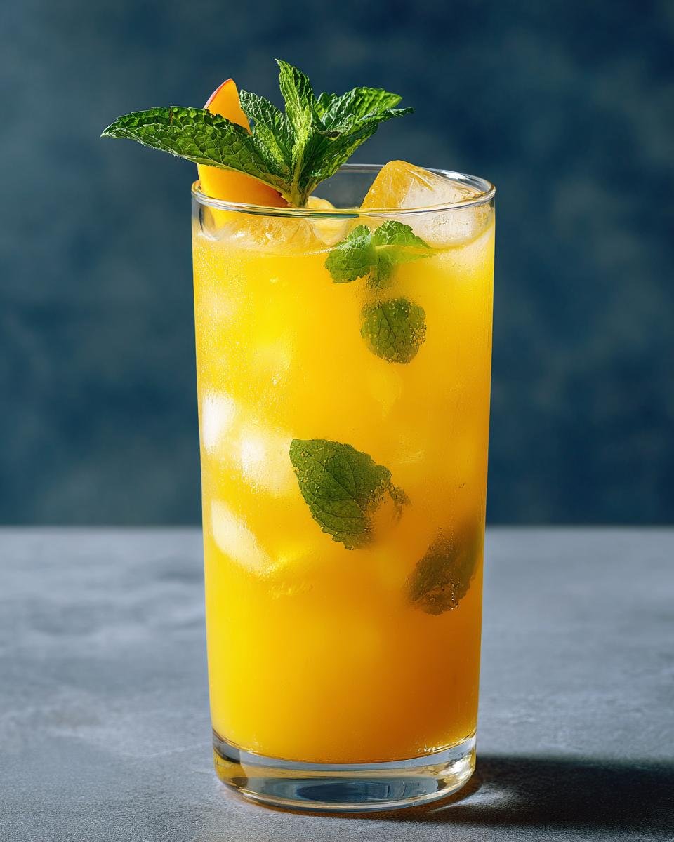 A tall glass of vibrant Passionfruit Peach Lemonade filled with ice, mint leaves, and a peach slice garnish.