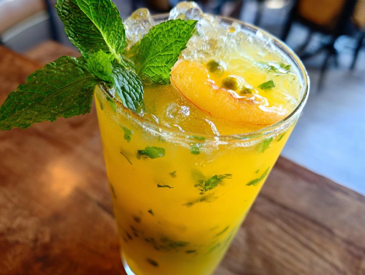 A tall glass of vibrant Passionfruit Peach Lemonade, filled with ice, mint leaves, and a peach slice garnish.