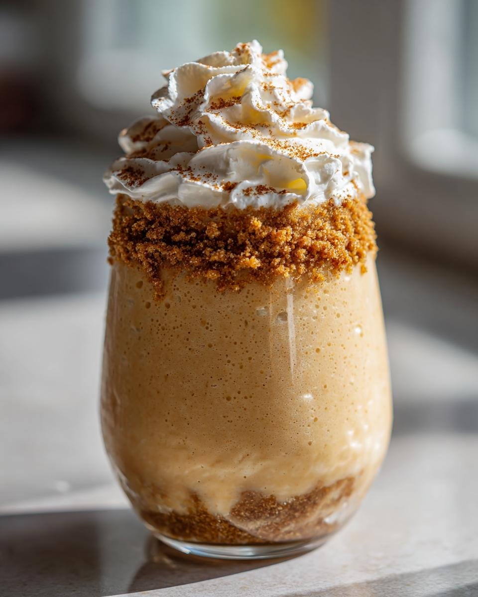 A delicious Peach Cobbler Milkshake topped with whipped cream and cinnamon, with crumbled cookie around the rim.