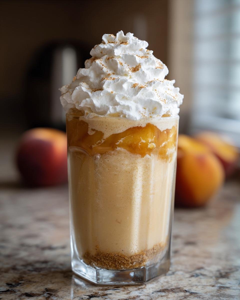A delicious Peach Cobbler Milkshake topped with whipped cream and cinnamon, with fresh peaches in the background.