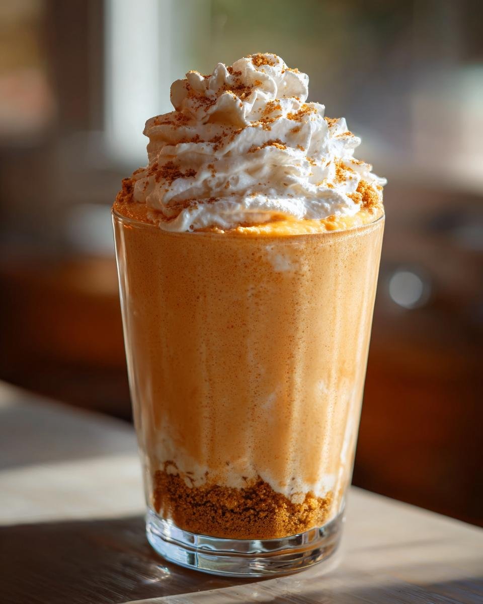 A tall glass filled with a creamy Peach Cobbler Milkshake, topped with whipped cream and cinnamon.