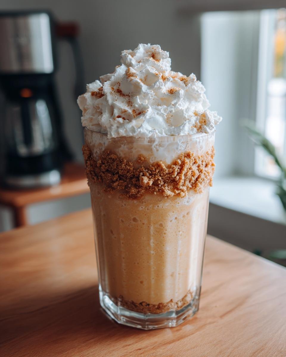 A tall glass filled with a creamy Peach Cobbler Milkshake, topped with whipped cream and cookie crumbs.