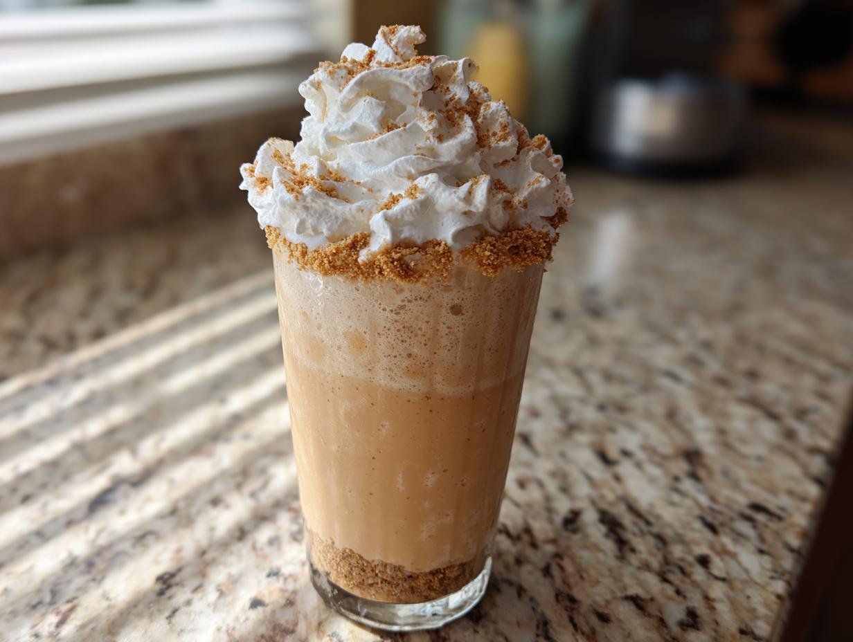 A tall glass filled with a creamy Peach Cobbler Milkshake, topped with whipped cream and sprinkled with crumbs.