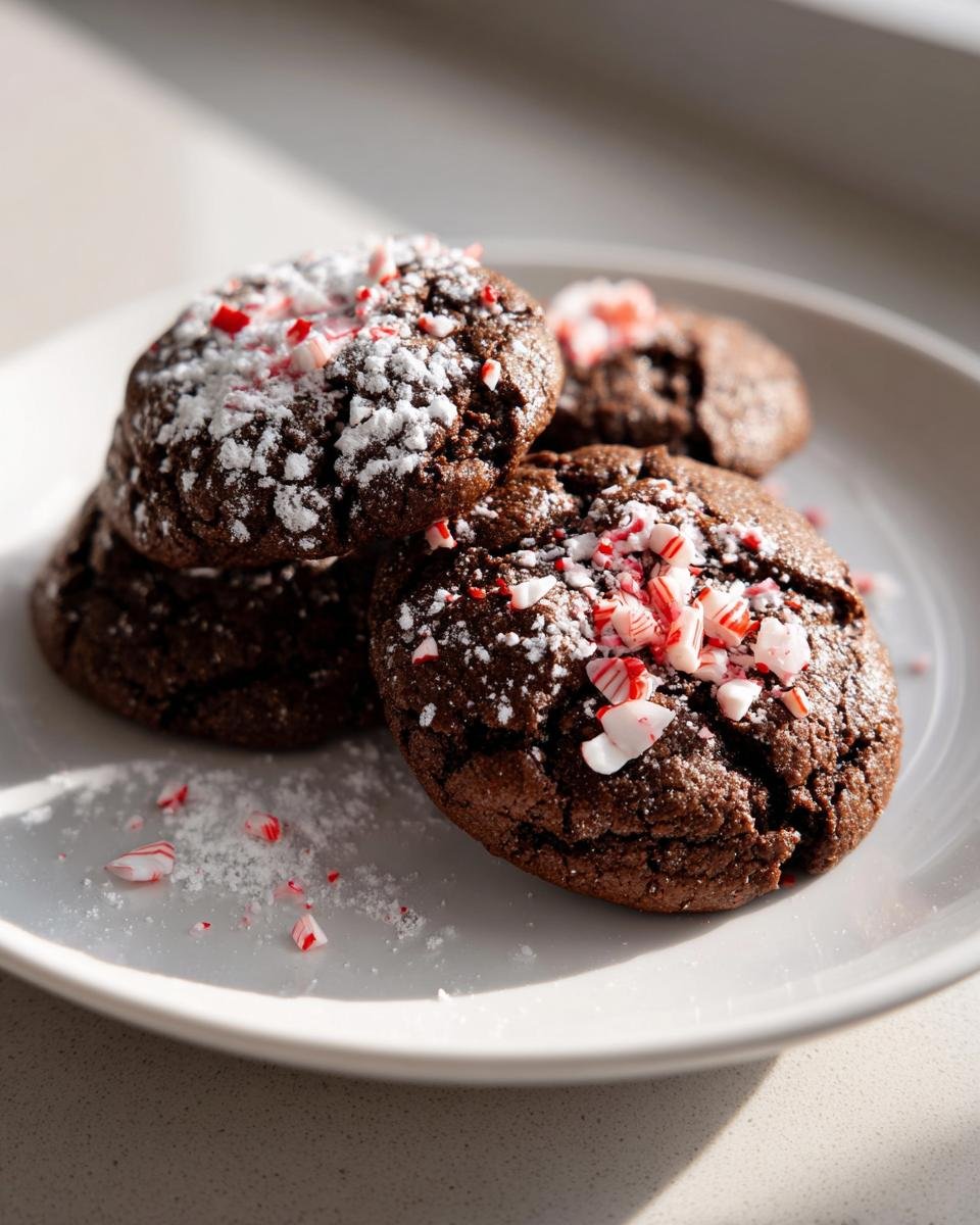 A stack of rich, dark Peppermint Hot Chocolate Cookies dusted with powdered sugar and crushed candy canes.