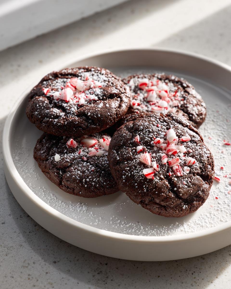 Four rich, dark Peppermint Hot Chocolate Cookies topped with crushed candy canes and powdered sugar on a light plate.