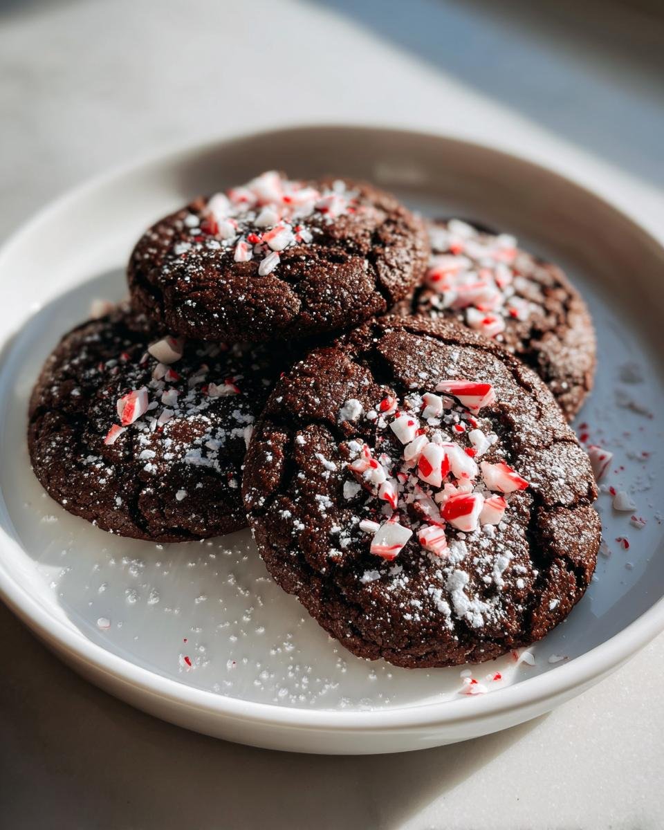 Four rich, dark chocolate Peppermint Hot Chocolate Cookies topped with crushed candy canes and powdered sugar.