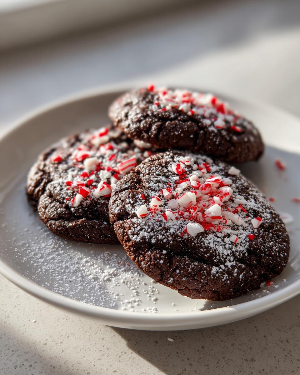 Three rich, dark Peppermint Hot Chocolate Cookies dusted with powdered sugar and topped with crushed candy canes.