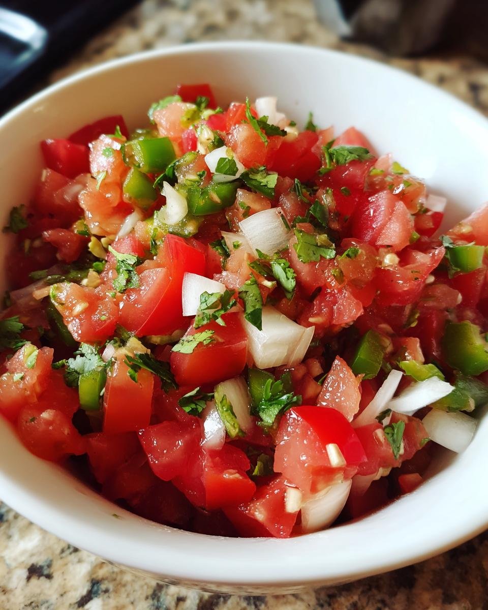 Close-up of fresh Pico De Gallo Chunky Salsa featuring diced tomatoes, white onion, green peppers, and cilantro in a white bowl.