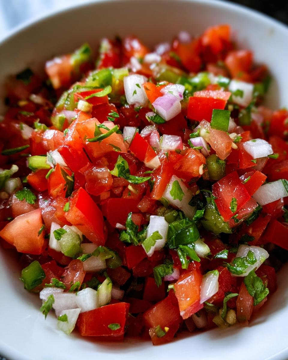 Close-up of vibrant, chunky Pico De Gallo Salsa featuring diced tomatoes, white onion, green peppers, and cilantro.