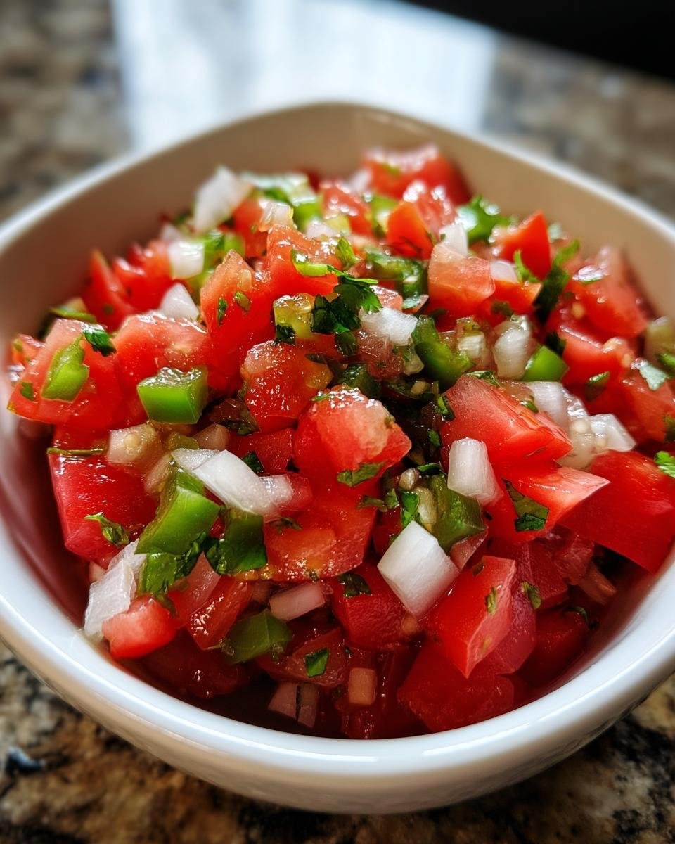 Close-up of chunky Pico De Gallo Chunky Salsa featuring diced red tomatoes, white onion, green peppers, and cilantro.
