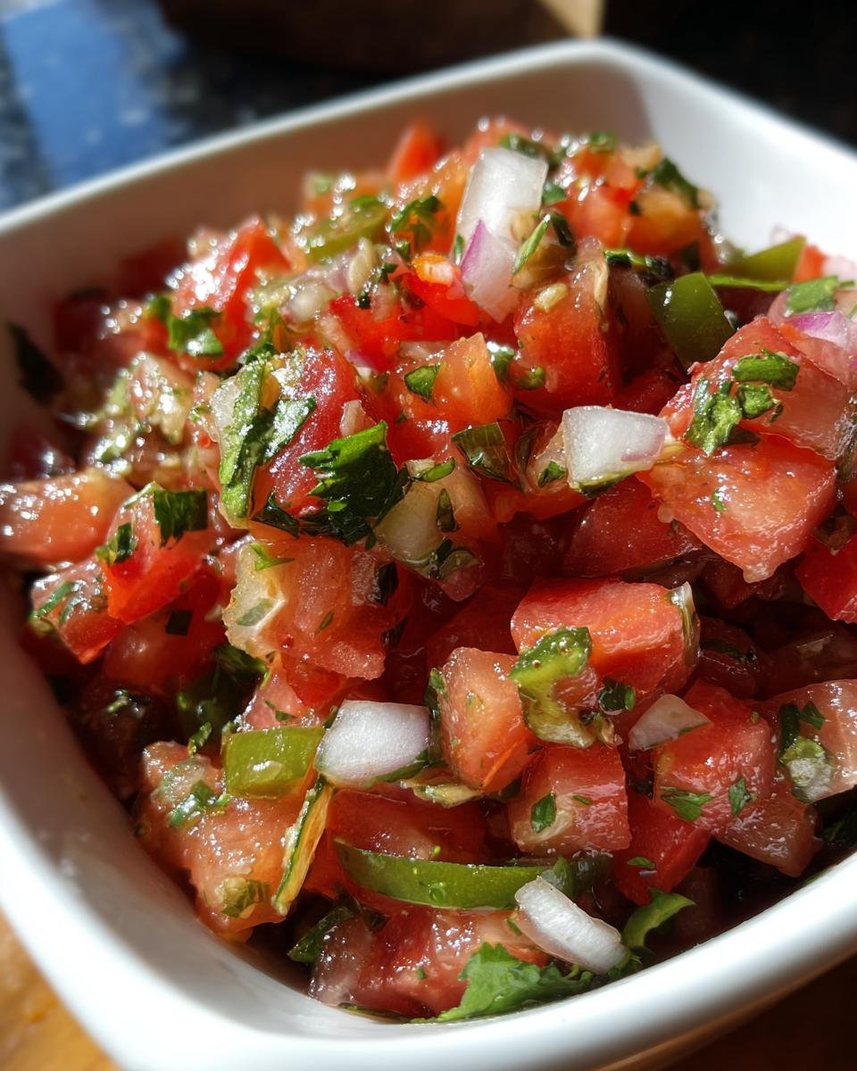 Close-up of fresh Pico De Gallo Chunky Salsa featuring diced tomatoes, onions, and cilantro in a white bowl.