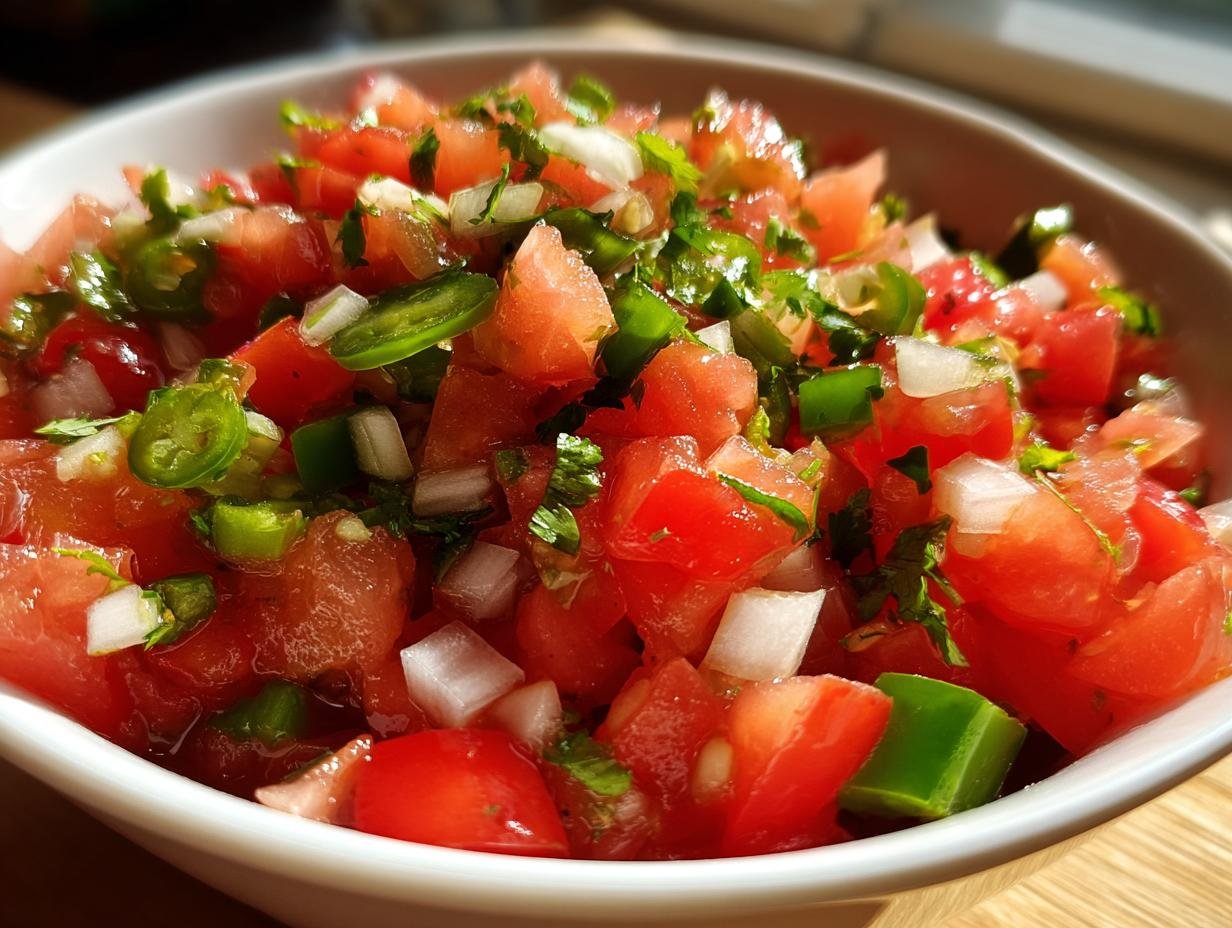 Close-up of vibrant, freshly made Pico De Gallo Chunky Salsa featuring diced tomatoes, white onion, and jalape&ntilde;o.