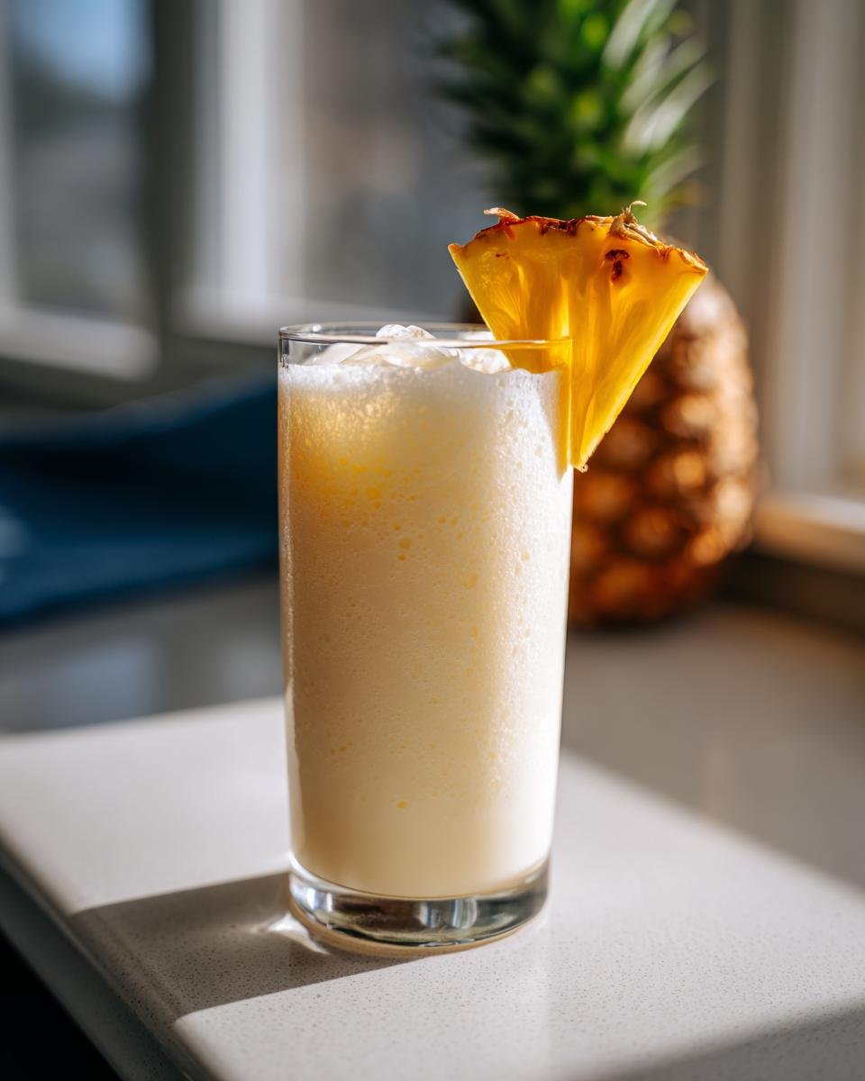 A tall glass filled with a frothy Pineapple Coconut Cream Mocktail, garnished with a pineapple wedge and ice.