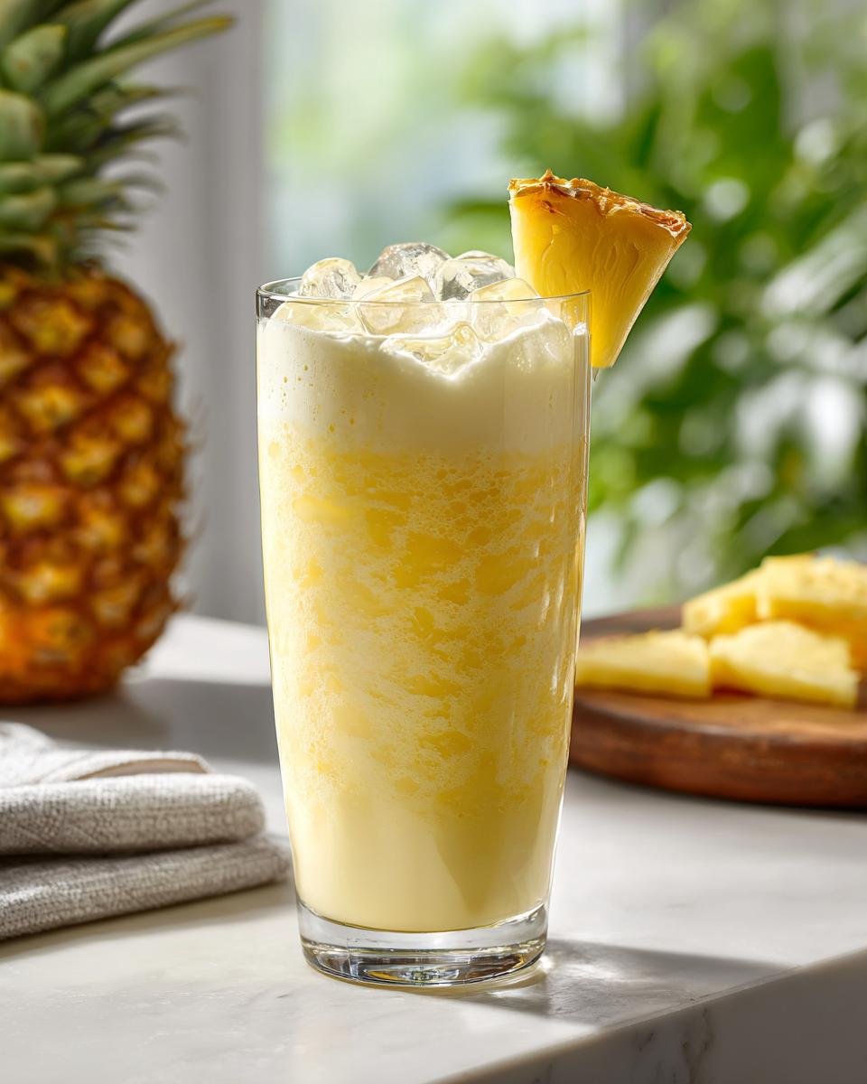 A tall glass filled with a frothy Pineapple Coconut Cream Mocktail, topped with ice and a pineapple wedge garnish.