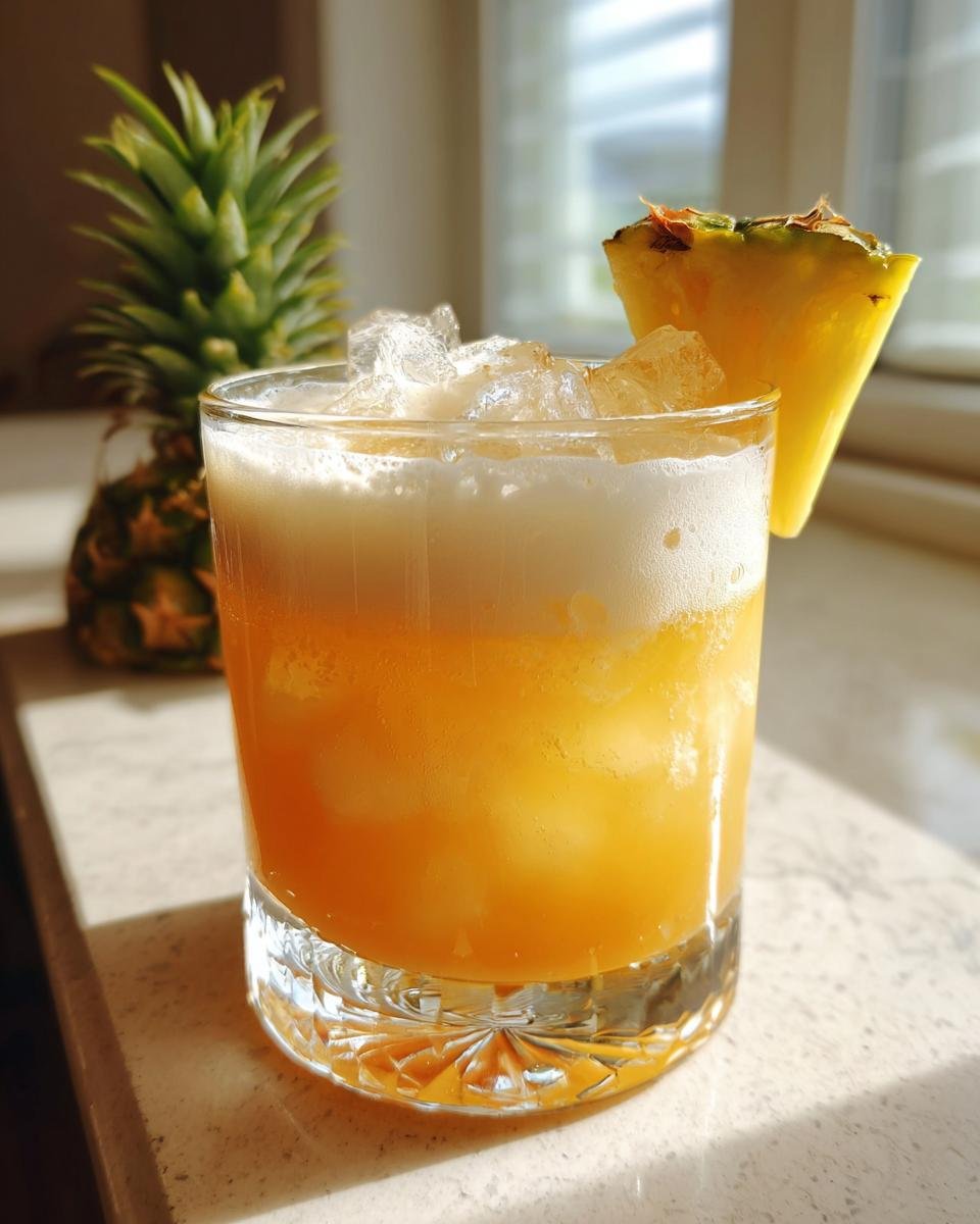 A refreshing Pineapple Coconut Cream Mocktail served over ice in a glass, garnished with a pineapple wedge.