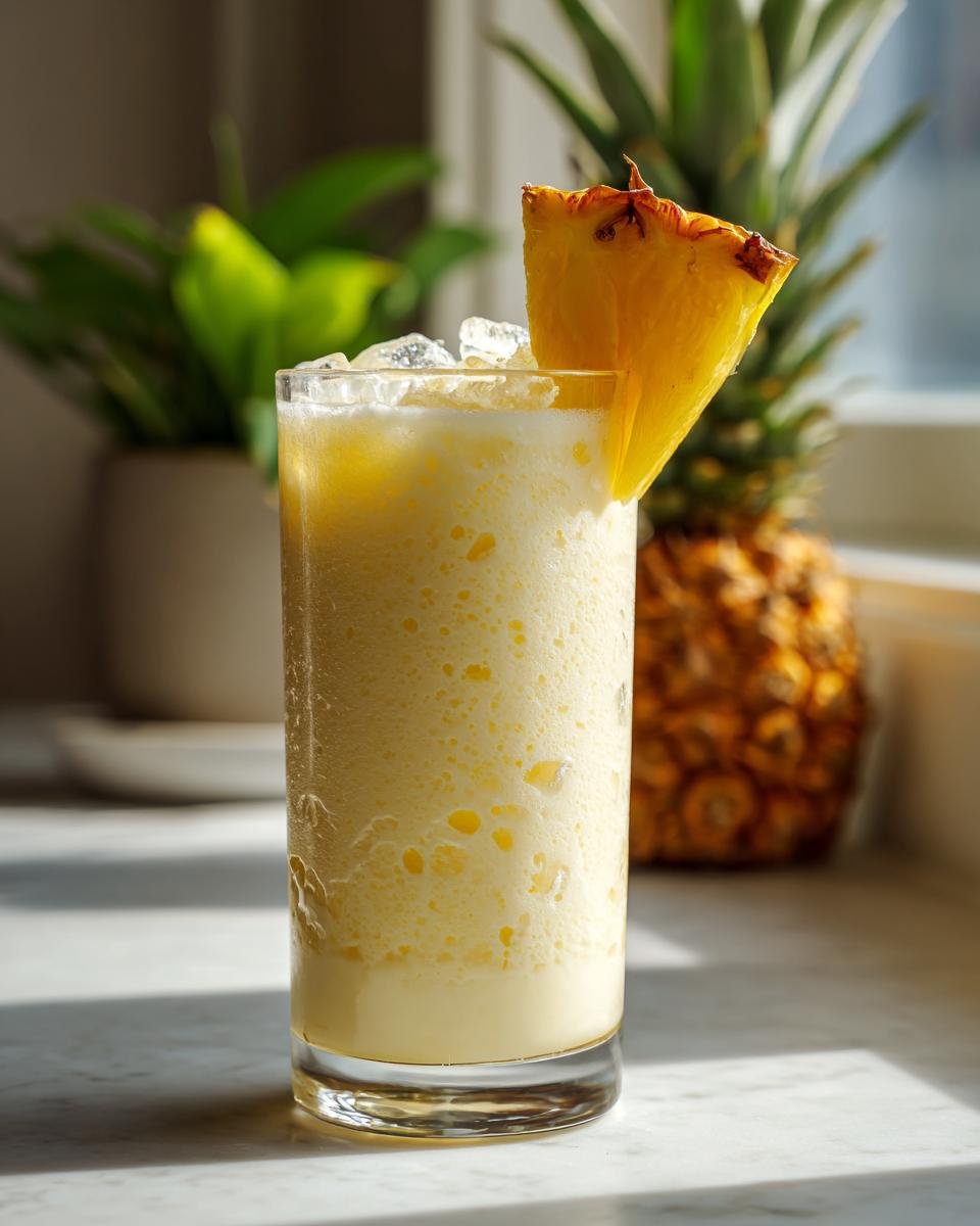 A tall glass filled with a frothy Pineapple Coconut Cream Mocktail, garnished with a pineapple wedge and ice.