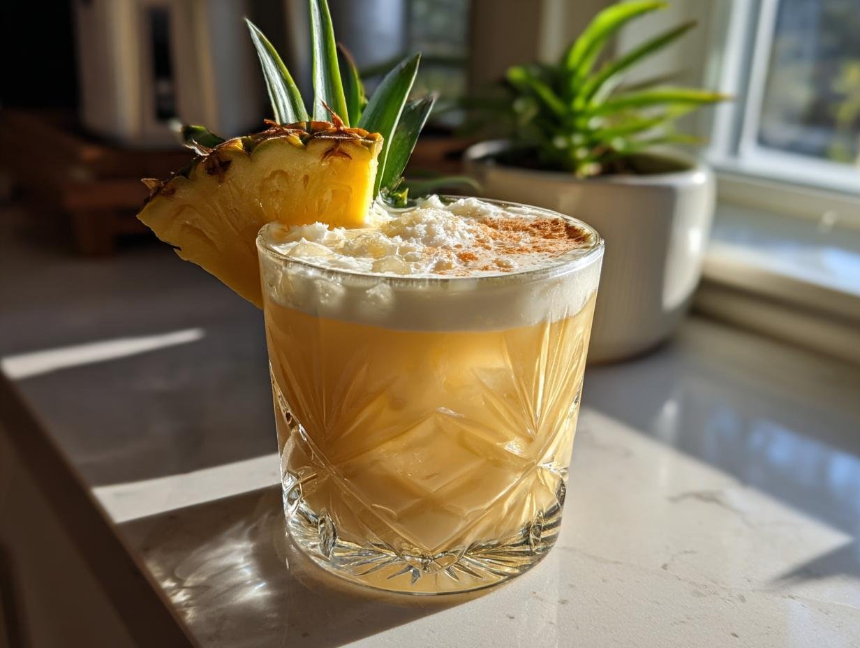 A refreshing Pineapple Coconut Cream Mocktail in a glass, garnished with a pineapple slice and topped with whipped cream and cinnamon.