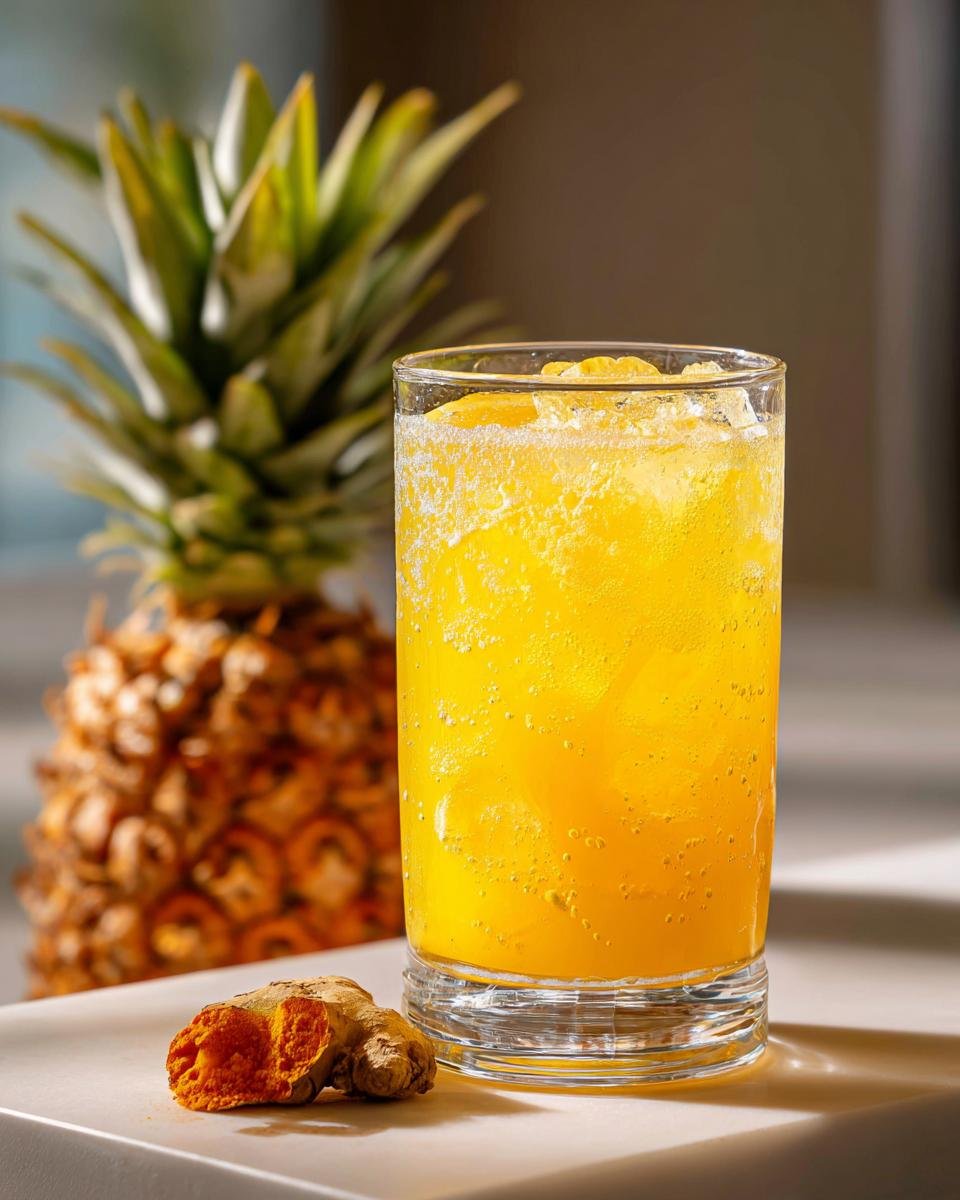 A tall glass of vibrant Pineapple Ginger Turmeric Tonic with ice, next to a fresh pineapple and a piece of turmeric root.