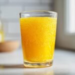 A tall glass filled with bubbly Pineapple Ginger Turmeric Tonic, showing its vibrant yellow-orange color.