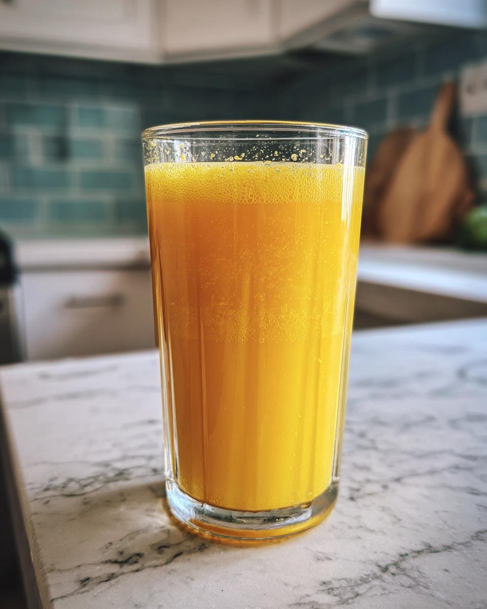 A tall glass filled with vibrant yellow Pineapple Ginger Turmeric Tonic, showing a frothy top.
