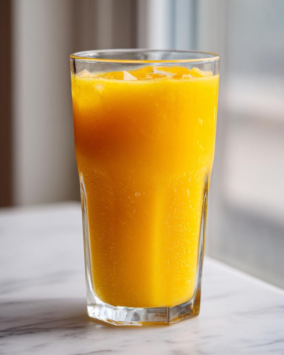 A tall glass filled with vibrant orange Pineapple Ginger Turmeric Tonic and ice.