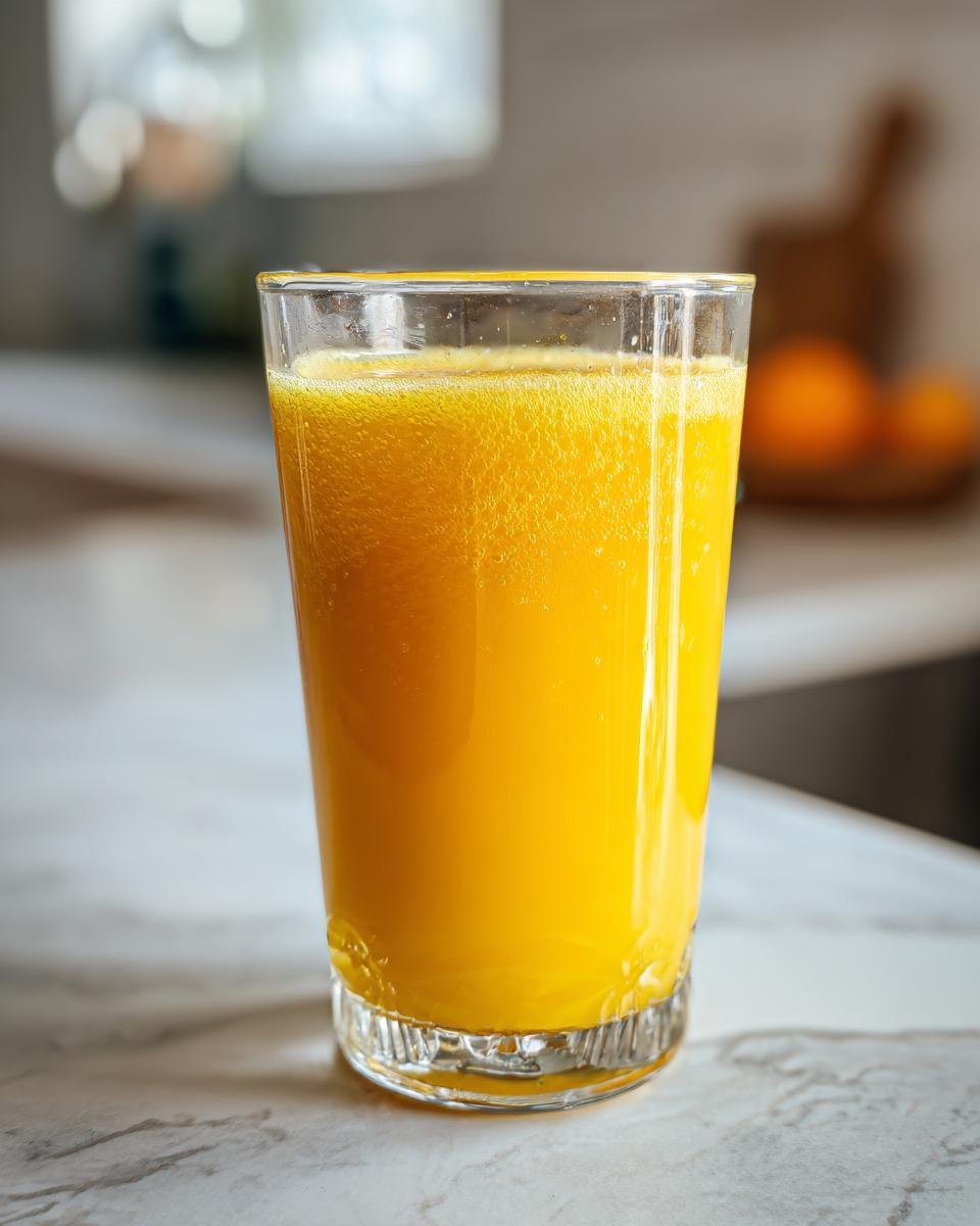 A tall glass filled with vibrant Pineapple Ginger Turmeric Tonic, showing a frothy top.