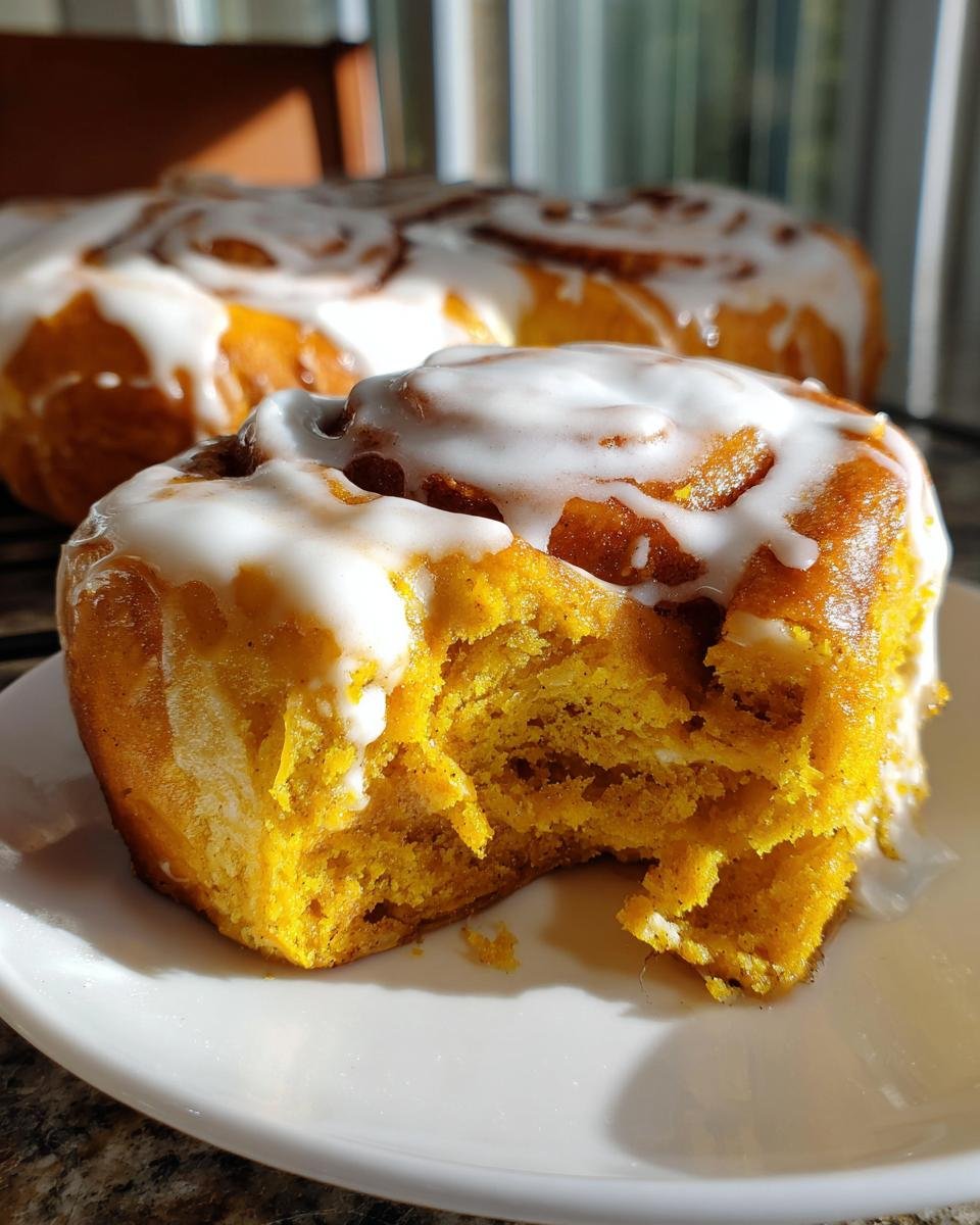 Close-up of a soft Pumpkin Chai Cinnamon Roll with a bite taken out, covered in white icing.
